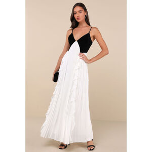 Lulus Envied Glamour Black And White Pleated Backless Maxi Dress - Size XS